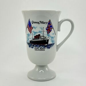 Vintage Queen Mary Haunted Ship Mug Long Beach CA Pedestal Cup Souvenir